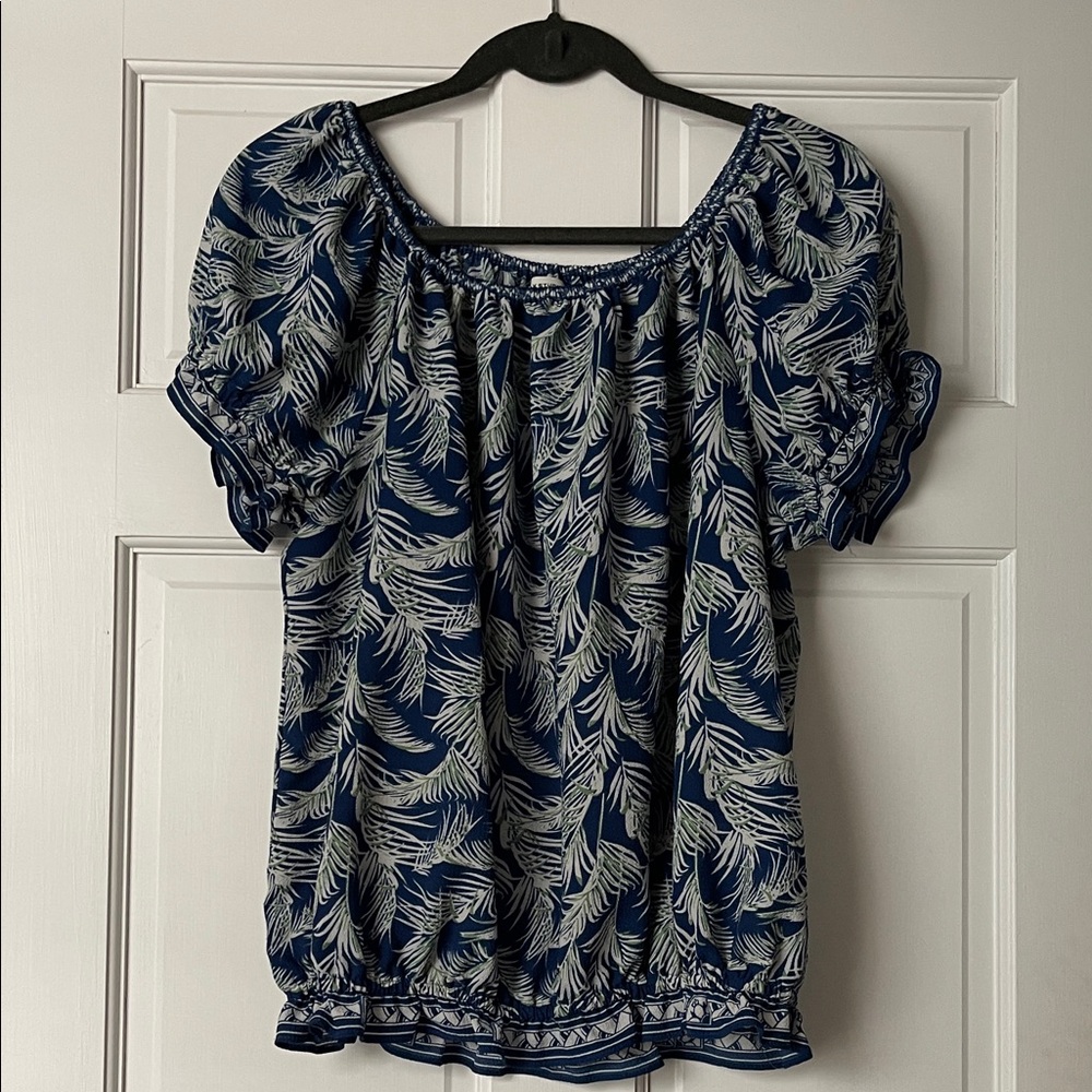 Max Studio Blue Tropical Palm Leaf Print Blouse